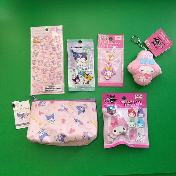 Kuromi My Melody Sanrio Daiso 6 Item Bundle Set Pink Bag Plush Keychains Blind - Picture 1 of 16